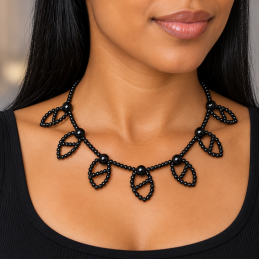 Elegant Black Beaded Leaf Necklace